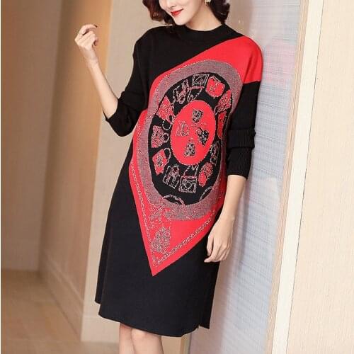 ZUOMAN New winter long printing in the female temperament show thin wool knitting dress over-the-knee render loose dress