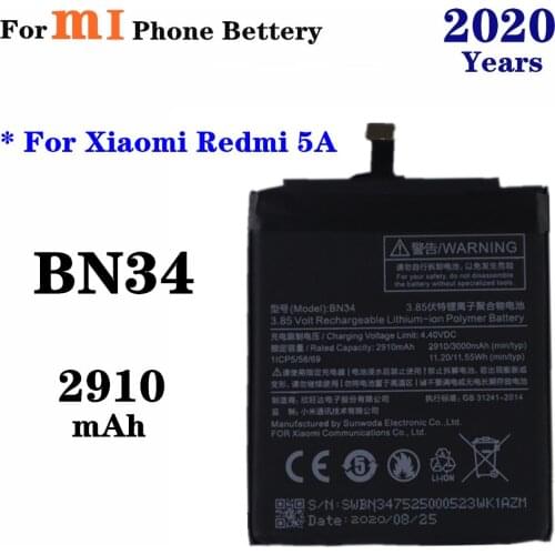 For Xiaomi Mi Redmi 5A Redrice 5A Phone Battery BN34 2910mAh High Quality lithium battery