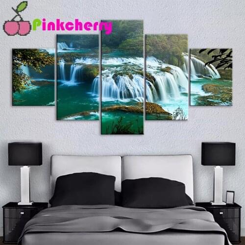 Multi-Panel Diamond Painting Complete novelty Grand forest waterfalls puzzle mosaic embroidery 5 piece set landscape,k1096