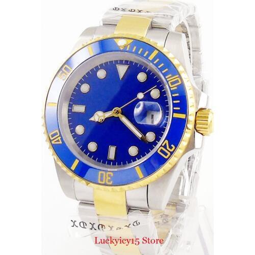 BLIGER Blue Stainless Steel Men Watches 40mm Case Sapphire Glass Sterile Dial Gold Plated Mental Strap MIYOTA Movement