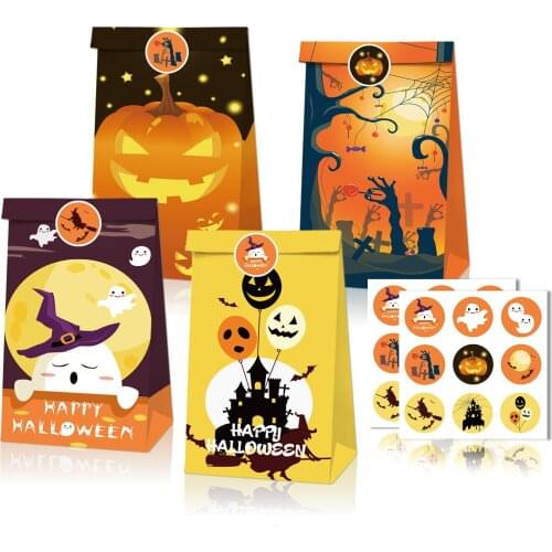 CYUAN 12pcs Gift Bag Halloween Kraft Paper Bag Cartoons Tote Bags Event Party Commemorative Gift Packaging Birthday Candy Box