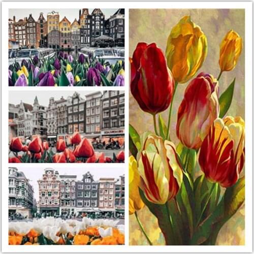 DIY Painting By Numbers Kits Red Flower And River House Oil Picture By Number Modern Home Decor Wall Art Crafts