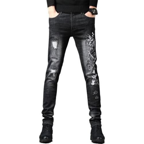 Dragon Embroidery Denim Jeans Men Slim Fit Biker Zipper Fly Skinny Frayed Male Hole Pencil Pants Distressed Ripped Trousers