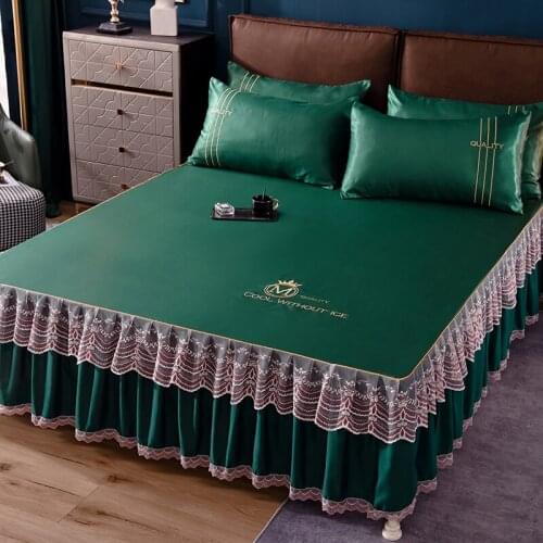 3 Piece Set of Ice Mat Bed Skirt Bedspread Solid Color Sheet Cover Queen King Size Home Bedding Include Pillowcase