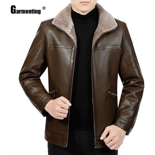 Garmenting Mens Pu Leather Jacket Winter Fur Collar Motorcycle Jackets Coffee Black Faux Leather Outerwear Men Clothing 2021