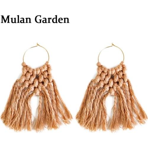 M&G Cotton Thread Weave Macrame Earrings Long Tassel Geometric Hollow Pendant Long Tassel Earrings Simple Fashion Women Gifts