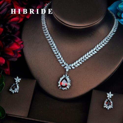 HIBRIDE Brilliant Big Red Full Cubic Zirconia Necklace Set Women Bride Jewelry Sets Wedding Accessories Gifts Wholesale N-428