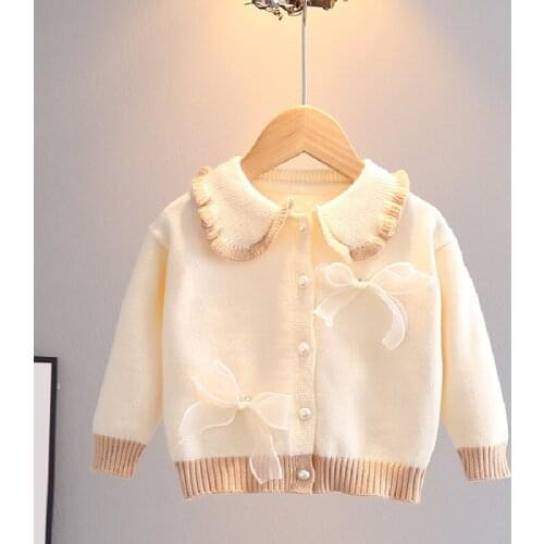 0-5 years old autumn and winter new childrens solid color lovely sweater girls Lapel bow knit coat fashion childrens wear