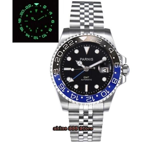 Parnis40mm sapphire crystal super bright luminous ceramic bezel GMT automatic date casual sports mens watch black/blue Bezel