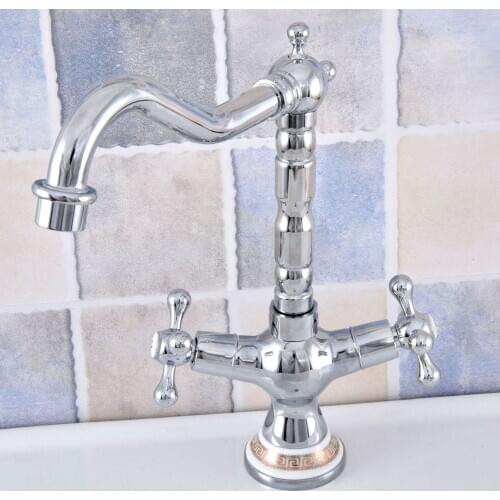 Polished Chrome Brass Bathroom Kitchen Basin Sink Faucet Mixer Tap Swivel Spout Dual Cross Handles Ceramic Base One Hole msf664
