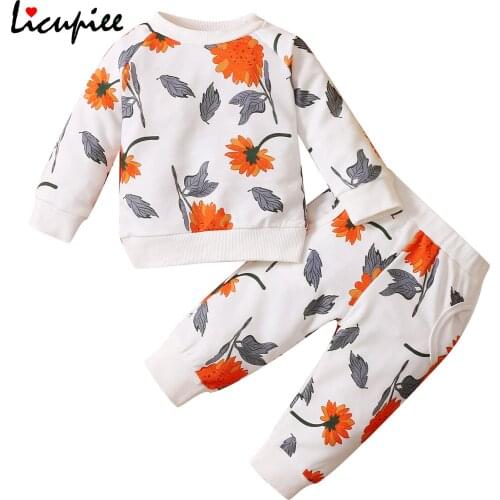 0-18 Months 2 Pcs Newborn Casual Outfits, Baby Sunflower Print Long Sleeve Round Neck Pullover + Trousers with Pockets