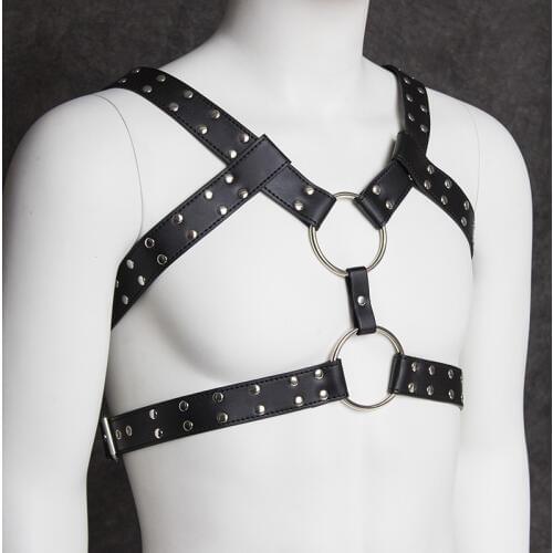 Male Nightclub Bar Men DJ Costume GoGo Dance Accessories Sexy Muscle Shoulder Strap Adjustable Black Leather Strap Belt B1139