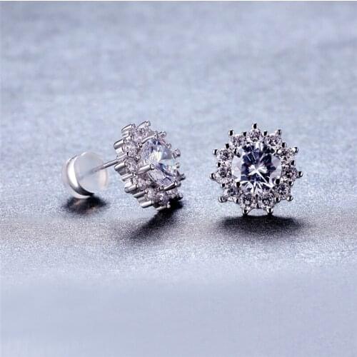 Classic Round Crystal Stone Flower Earrings Dainty White Zircon Small Stud Earrings For Women Wedding Boho Silver Color Earrings