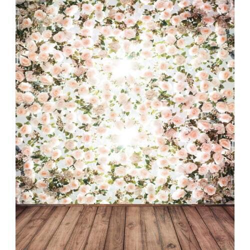 TR Backdrops Blooming Pink Flowers Brown Wood Floor Indoor Backdrop for Wedding Studio Props Wedding Photo Shoots Backgrounds