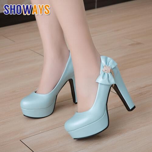 Crystal Bowknot Platform Pumps Women High Chunky Heels Pink White Wedding Party Office Lady Sweet Tassel Slip On Round Toe Shoes