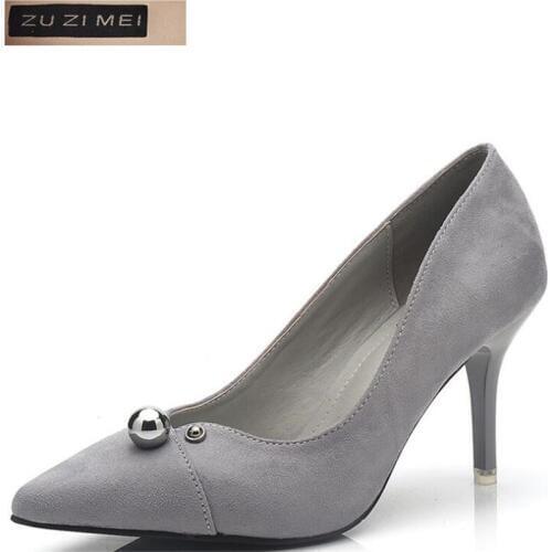 Woman basic High Heels Wedding Shoes Flock shallow Pointed Toe Classic Thin Heels 8CM pearl Women Pumps