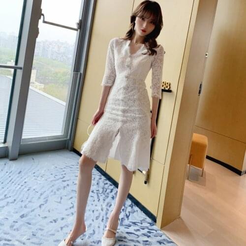 Spring Sexy Party Bodycon Office Lace Dresses Women Three-quarter Sleeve V Neck Elegant Dresses Vintage Bandage Mermaid Dress