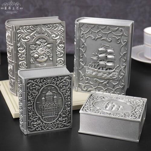 2 Sizes Vinatge Jewelry Box Metal Art Gift Storage Box Boat / Flower Pattern Book Design Trinket Case Jewellery Organizer