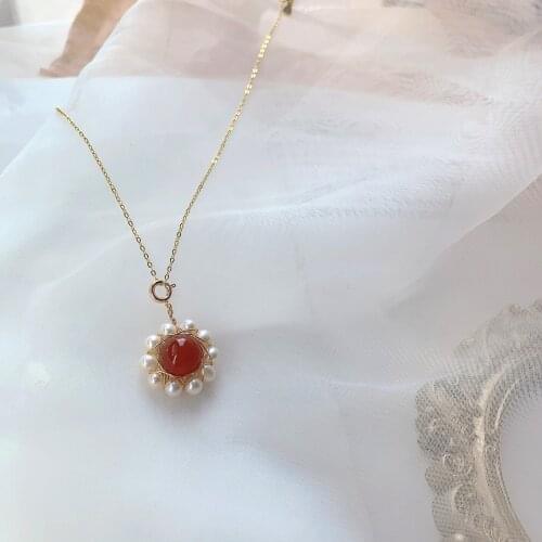 Vintage Pearl Red Agate Bead Pendant Necklace For Woman 14K Gold Filled Clavicle Chain Handmade Fine Luxury Jewelry Girl Gift