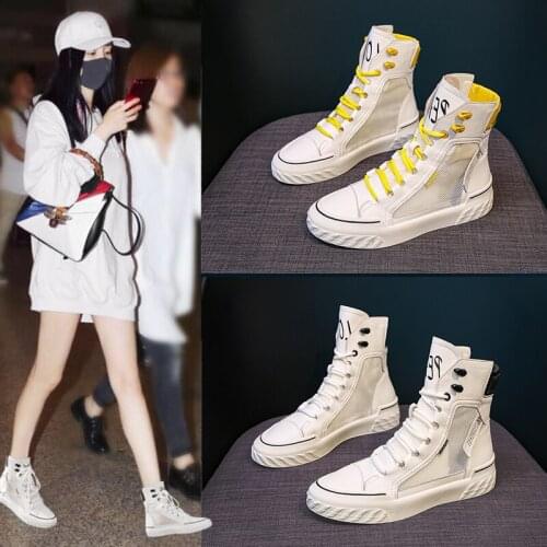 Womens shoes 2021 new boots thin section wild summer breathable mesh hollow casual high-top shoes canvas white shoes