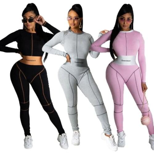 New Women Stylish Long Sleeves O Neck Letter Print Patchwork Bodycon Jumpsuit