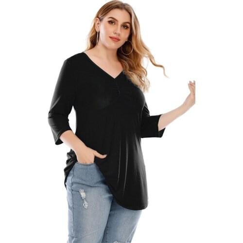 Fall 2021 New Long-Sleeved Plus Size V-Neck Solid Color Womens Pullover Casual Loose Office Womens Top Basic T-Shirt 5XL