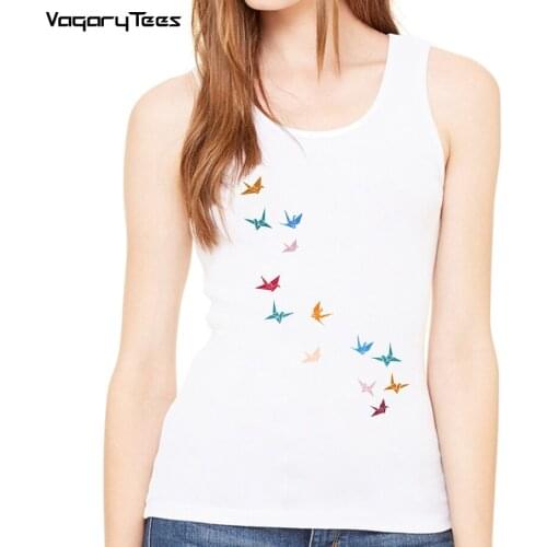 2021 White Tops Flying Paper Cranes Birds Print Women Casual Tank Top Tee Casual Streetwear Short Tops Femme Tanks Tops