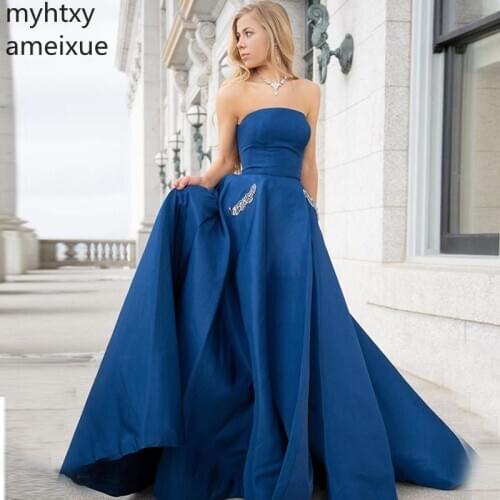 Plus Size 2020 Long Prom Dress With Pockets Strapless Formal Evening Party Dresses Royal Blue Full Length Vestido De Gala Logo