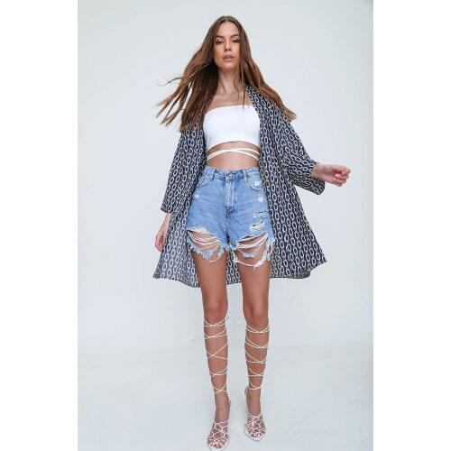 Womens Navy Blue Pattern Kimono Pool Sea Pareolar