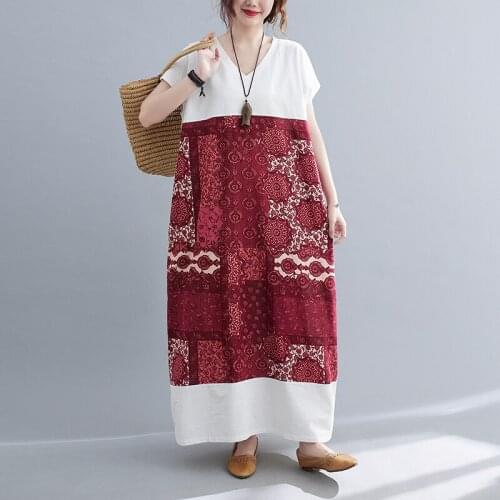 2021 New Arrival Short Sleeve Loose Summer Dress Cotton Linen Patchwork Print Floral Vintage Dress Women Casual Long Maxi Dress