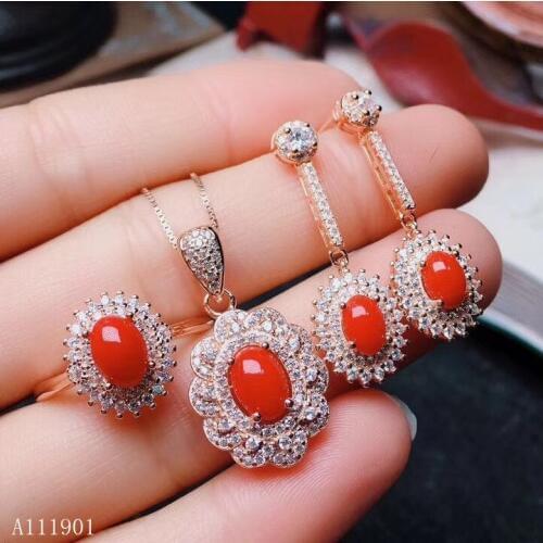 KJJEAXCMY boutique jewels 925 Silver-inlaid Natural Red Coral Female Ring Necklace Pendant Earrings 3 sets support detection
