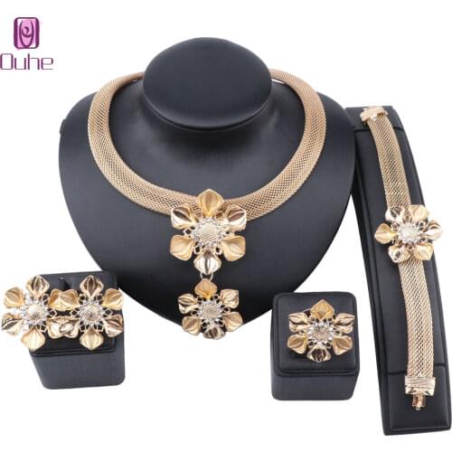 African Dubai Gold Nigerian Crystal Flower Necklace Earrings Ring Bracelet Italian Wedding Accessories Jewelry Sets
