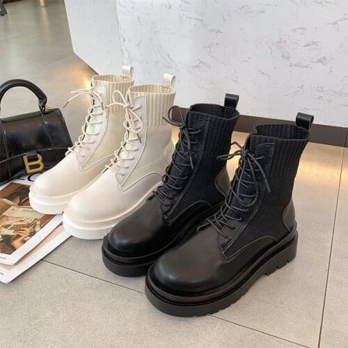 Womens Boots Stretch Fabric Sock Boots Female Shoes Thick Bottom Round Toe Non-slip Ankle Booties Autumn Fashion Lace Up Shoes