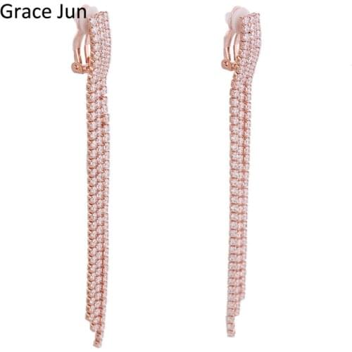 Grace Jun 9 Colors Choose AAAAA CZ Long Tassel Clip on Earrings Without Piercing for Women Party Wedding Charm Ear Clip Bijoutx