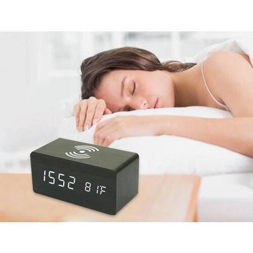 Digital Alarm Clock with Wireless Charging Bedroom Wood Electric LED Desk Clock
