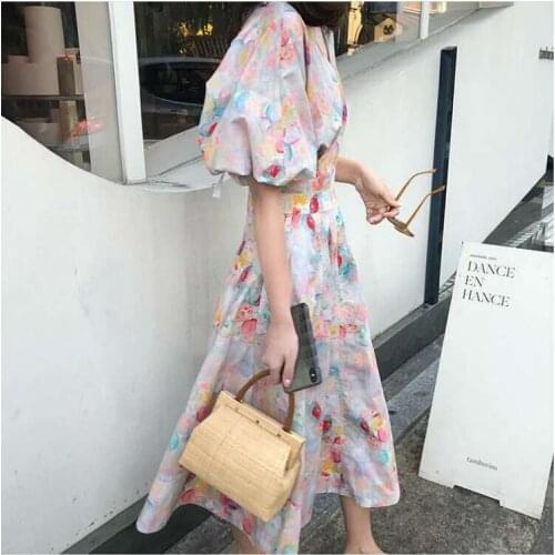 CP niche light luxury designer French foam sleeve oil painting floral dress waist long skirt
