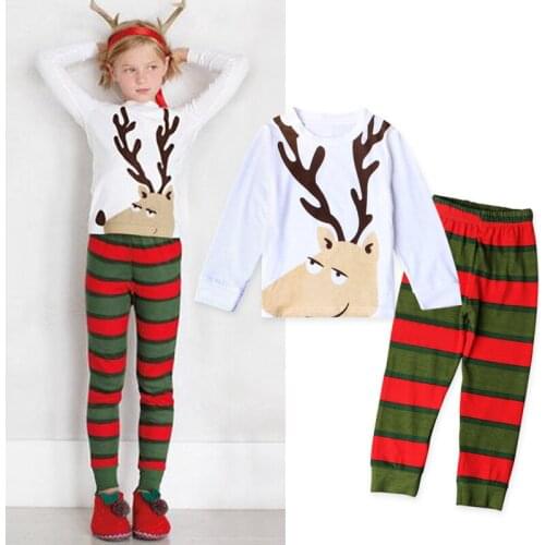 Infant Kids Girl Christmas 2 Piece set Costume Cartoon Elk Printed Long Sleeve Tops+ Stripe Long Pants For Baby Child X-Mas Gift