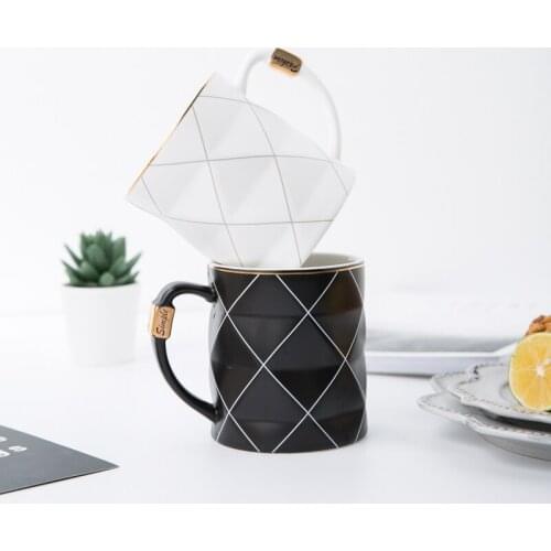 Nordic Golden Black and White Grid Geometry Ceramic Coffee Mug Porcelain Juice Drinking Cup Coffee Milk Tea Cup