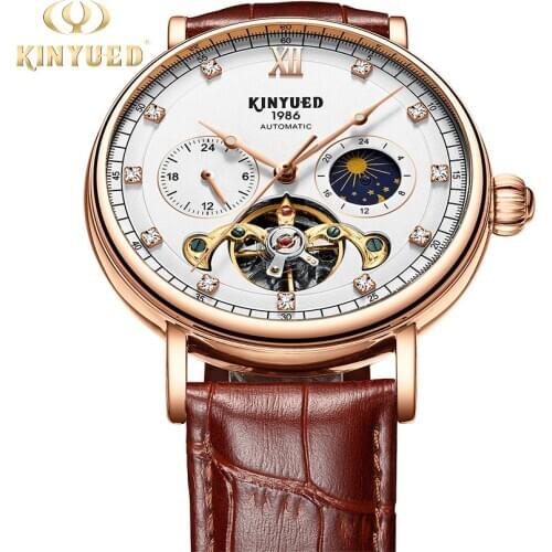 KINYUED Classic Mens Watches Automatic Mechanical Watch Tourbillon Clock Genuine Leather Waterproof Military Retro Wristwatch