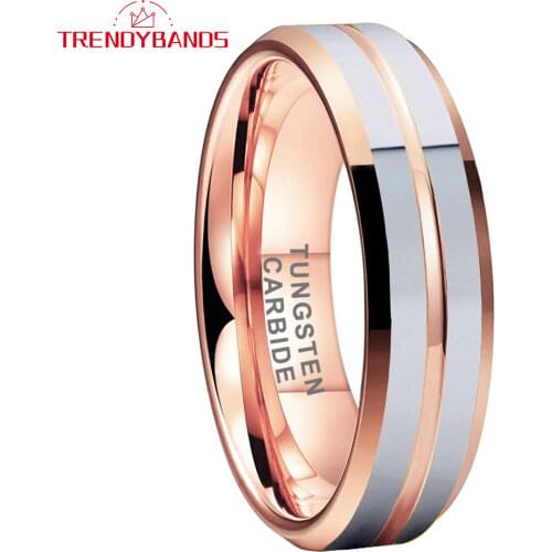 6MM Rose Gold Mens Womens Tungsten Carbide Rings Wedding Band Center Grooved Beveled Edges Polished Shiny Comfort Fit