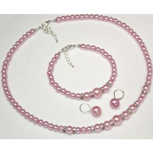 Light pink pearls Diamante jewellery necklace bracelet set Wedding Bride Prom