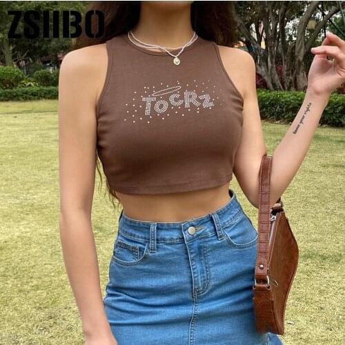 Brown Vintage Women Diamond Letter Cute Kawaii E Girl Clothes Sleeveless Slim Sexy Summer Tops Harajuku clothes ins Y2K Tank Top