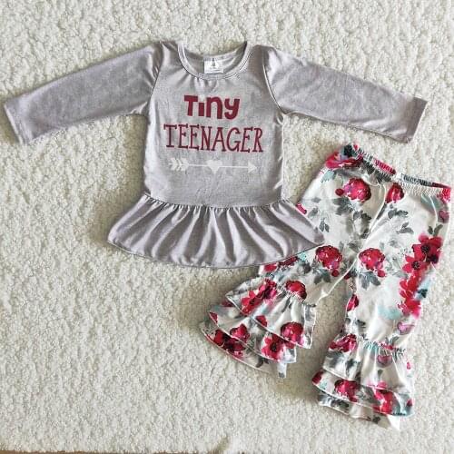 RTS Fashion Baby Girls Designer Clothes Flower Print Spring Outfits Long Sleeve Top Ruffle Pant Girl Boutique Clothing Wholesale