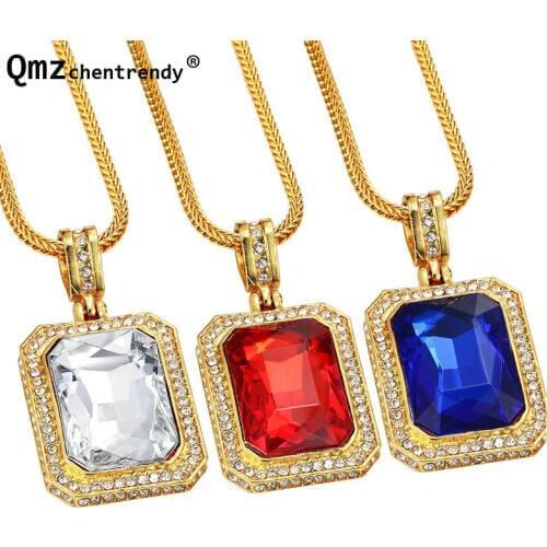 Mens Bling Gem Iced Out Pendant Hip Hop Rappers Micro Octagon Square Rinestone Color Stone Pendant Necklaces Punk Jewelry boy