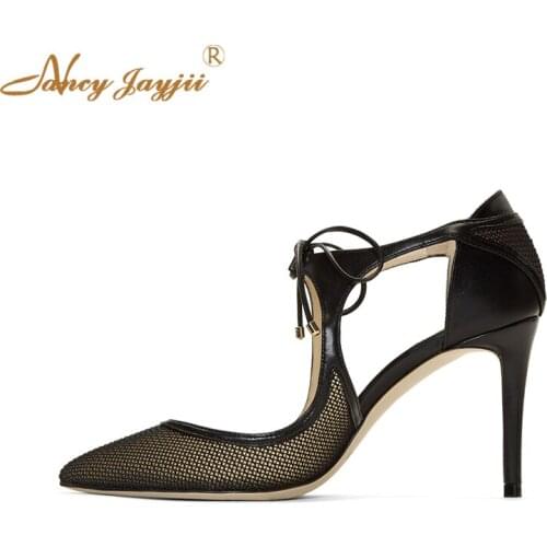 Nancyjayjii Black Mesh Sexy Ladies Gladitor Stilettos Heels Open Toe Shoes Summer Ankle Strap Lace Sandals Woman Party Evening
