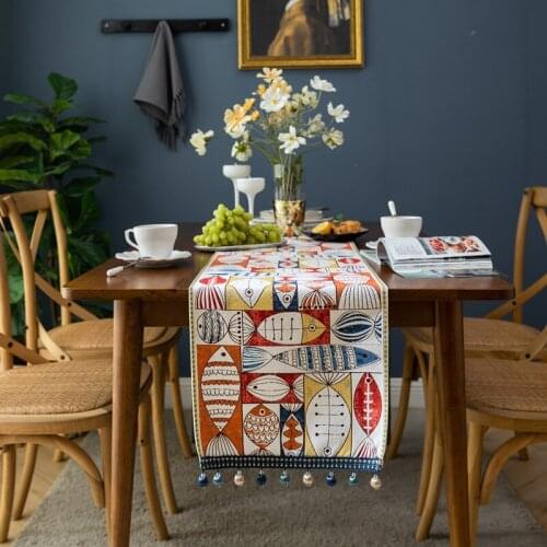 Table Runner Christmas and New Year Chenille Tassel Household Tablecloth with Fish China Traditional New Year Nian Nian You Yu