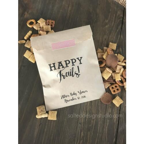 Customize Happy Trails! kraft Wedding popcorn candy Buffet Cookie desserts treat bags BIRTHDAY Bridal Shower gift Favors pouches