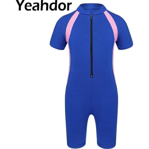 New Kids Girls One Piece Swimwear Swimsuits Beach Outfit Short Sleeves Zippered Shorty Wetsuit Surfing Bathing Suit Rash Guard