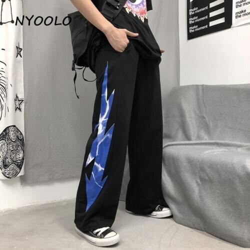 NYOOLO Casual streetwear Lightning Print Loose Wide Leg pants women men Summer elastic waist full length black hip hop pants