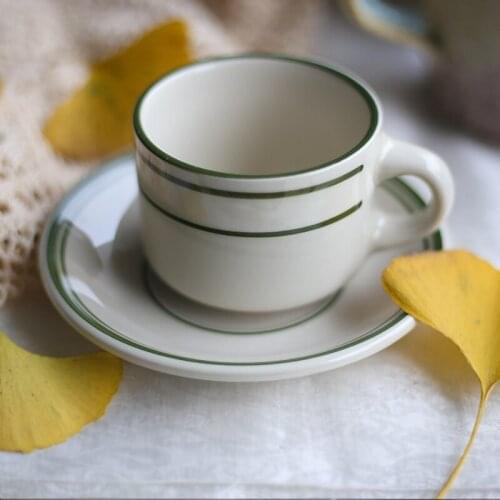 Simple Design Ceramic Coffee Set Retro Hand Painting Green Lines Coffee Cup and Saucer 210ml Japanese Style